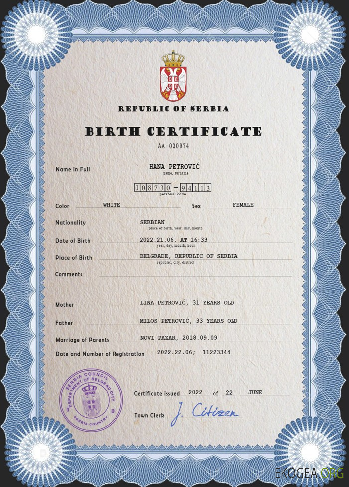 Modèle PSD de certificat de naissance de l'état civil de Serbie